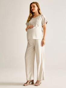 MaterniWear 2pcs Maternity Casual Solid Rib-Knit V-Neck Belt Tee & Adjustable Waist Skinny Pants Set, Spring/Autumn