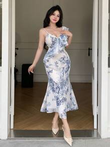 DAZY 1pc Women's Midi Asymmetric V-Neck Ruffle Hem Floral Dress Easter - Blue - View 8