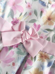 Souflis Souflis 女婴春夏花卉水彩印花收腰蝴蝶结无袖公主裙，优雅适合外出、野餐、下午茶、派对、生日，0-3 岁 - 粉色 - 查看 3