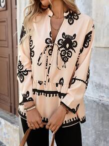 Gaivellea All-Over Print V-Neck With Ruffle Trim Long Sleeve Blouse - Apricot - View 5