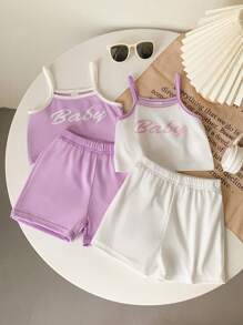 4 件套女婴幼儿 0-3 岁休闲百搭双色撞色白紫色针织吊带背心和短裤套装 - 紫色 - 查看 1