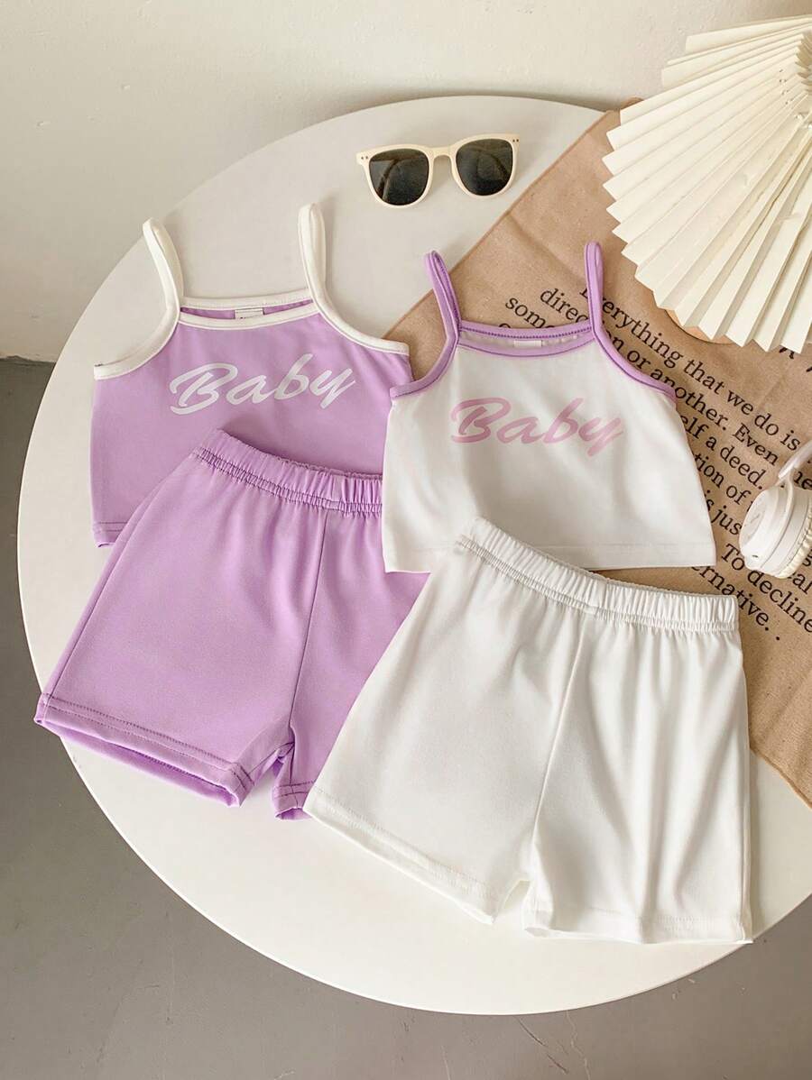 4 件套女婴幼儿 0-3 岁休闲百搭双色撞色白紫色针织吊带背心和短裤套装 - 紫色 - 查看 1