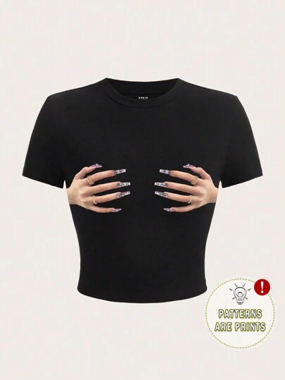 SHEIN ICON 女士休闲简约手印修身圆领短袖 T 恤，适合春夏季