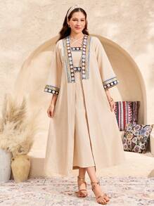 SHEIN 少女两件套：金色/米色奢华纯色梭织拼接无袖 A 字裙 + 中袖夹克，波西米亚风，优雅复古风格