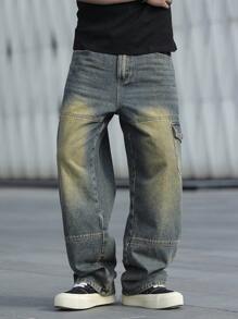 Manfinity Hypemode Men's Simple Straight Leg Jeans With Pockets, Casual Daily Wear - Blue - View 7