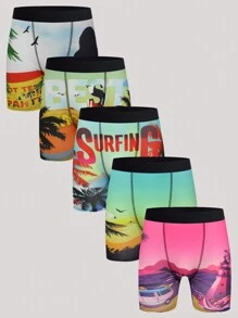 5 条装 男士海滩风景印花泳裤 - 彩色 - 查看 1