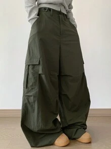 DAZY Women Casual Solid Color Cargo Baggy Pants With Large Pockets,Fall Clothes - Army Green - View 3