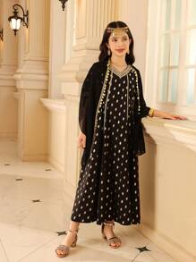 青少年女孩优雅派对金箔印花长裙配披肩 - 黑色 - 查看 7