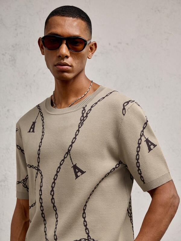 AKNOTIC Party Suéter de cuello redondo oversized de punto jacquard con cadena en color caqui para hombre, adecuado para el uso diario y de vacaciones en primavera/verano