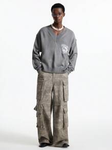 NEON BLANC Men's Streetwear V-Neck Loose Short Style Long Sleeve Sweater, For Fall Winter - Grey - View 7