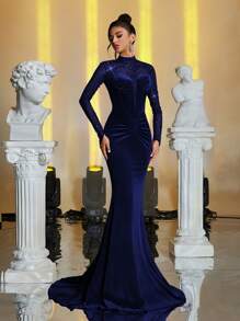 Glamrae 优雅奢华亮片撞色天鹅绒美人鱼下摆紧身连衣裙，带拖尾，适合婚礼、派对、舞会、正式活动、婚礼宾客礼服、派对礼服、晚礼服、长袍 - 藏蓝色 - 查看 1
