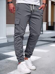Manfinity Homme Pantaloni cargo casual slim fit pentru bărbați, cu cordon, în culori solide, cu mai multe buzunare, pentru întoarcerea la școală