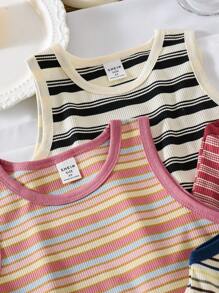 SHEIN Young Girl Striped Print Color Block Round Neck Casual Tank Top - Multicolor - View 7