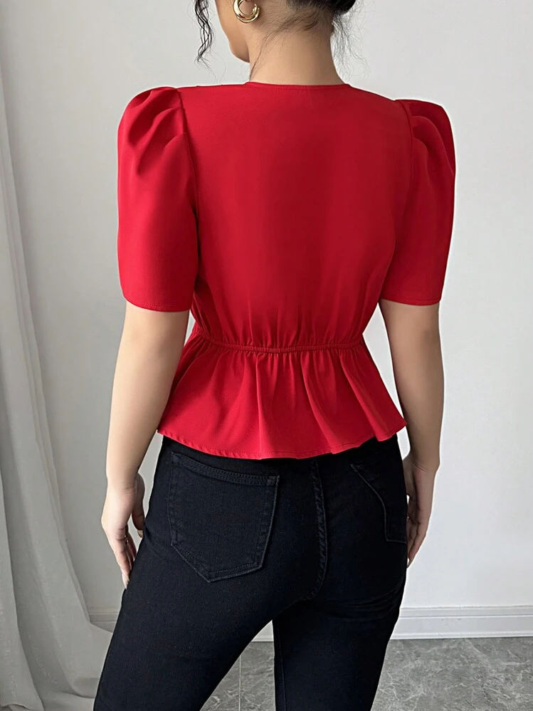Elenzga Blusa corta elegante de mujer con cuello de pie 3D con estampado floral, cuello en V, hombros con volantes, cintura recogida y mangas princesa, ideal para ir al trabajo, vacaciones y el Día de San Valentín - Rojo - Añade 2