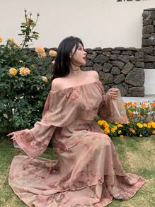 DAZY 2pcs Set Women Full Floral Off Shoulder Ruffle Shirt And Peplum Skirt,Fall Women Clothes