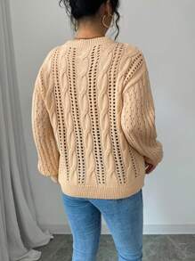SHEIN Unity Casual Solid Color Hollow Knit Drop Shoulder Sweater Knit Pullover Fall Winter Sweater - Khaki - View 2