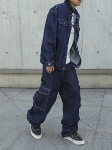 Manfinity EMRG Men's Front Button Closure Long Sleeve Pocket Simplistic Top And Jeans Pants 2 Pieces Suit - Dark Wash - View 7