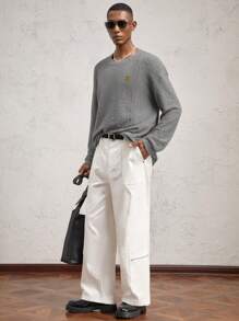 AKNOTIC Business Casual 男士宽松圆领落肩长袖休闲 T 恤，适合秋冬季，字母印花凸起徽章，羊毛面料，绿色拼色 - 深灰色 - 查看 5