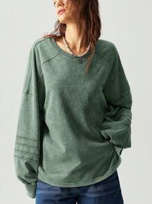 Bohemela Áo nỉ dài tay dáng rộng cổ chữ V màu trơn thoải mái cho nữ mùa thu/đông - màu xanh lá - Xem 5