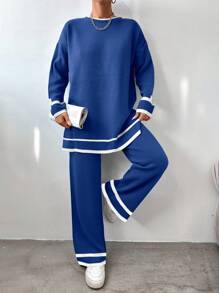 EURMUSE Women's Drop Shoulder Sweater And Sweater Pants Set - Blue - View 4
