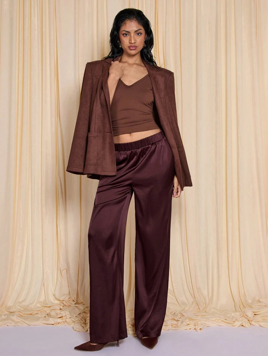 COSMINA 女士优雅宽松棕色阔腿裤，适合日常通勤，春夏季 - 棕色 - 查看 1