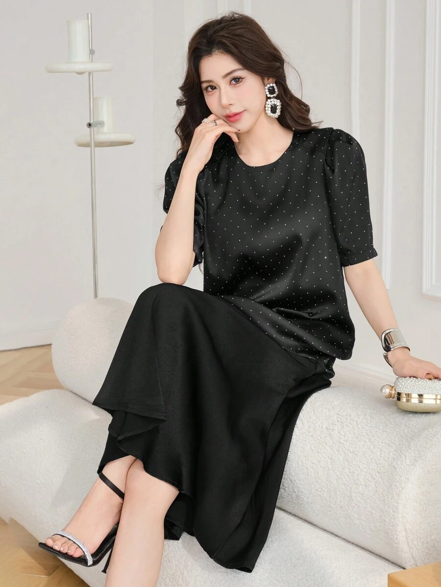 DAZY Women's Polka Dot Patchwork Puff Sleeve Mid-Length Dress,Formal Women Dresses - Black - View 1