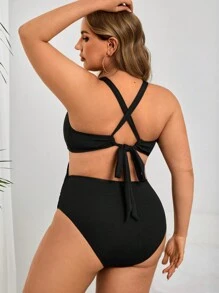 SHEIN Swim Curve Plus Size Women's Solid Color Knitted Halter Spaghetti Strap One-Piece Swimsuit, Simple Design For Everyday Wear And Vacation, For Summer Beach - Black - View 2
