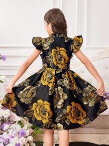 Tween Girl Floral Jacquard Ruffle Puff Sleeve Pearl Embellished Mini Stand Collar Dress - Multicolor - View 2