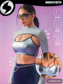 Innovista Conjunto de 2 piezas de ropa deportiva recortada para mujer, 2 piezas y 2 en 1 de sujetador deportivo y camiseta de piel sintética con estampado de láminas, conjuntos de entrenamiento de alta elasticidad, transpirables y secado rápido para gimnasio, de uso glamoroso y sexy para fiestas, de corte atrevido y único, para festivales de música, chándal, fuerza, yoga, barra, baile, primavera, bicicleta, ciclo, eléctrico, lencería, ropa interior, lujo, sudaderas, multiuso, modular, San Valentín