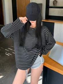 DAZY Loose Striped Color-Block Panel Long Sleeve Long Tee For Women Preppy Tops,Fall Women Clothes - Grey - View 6