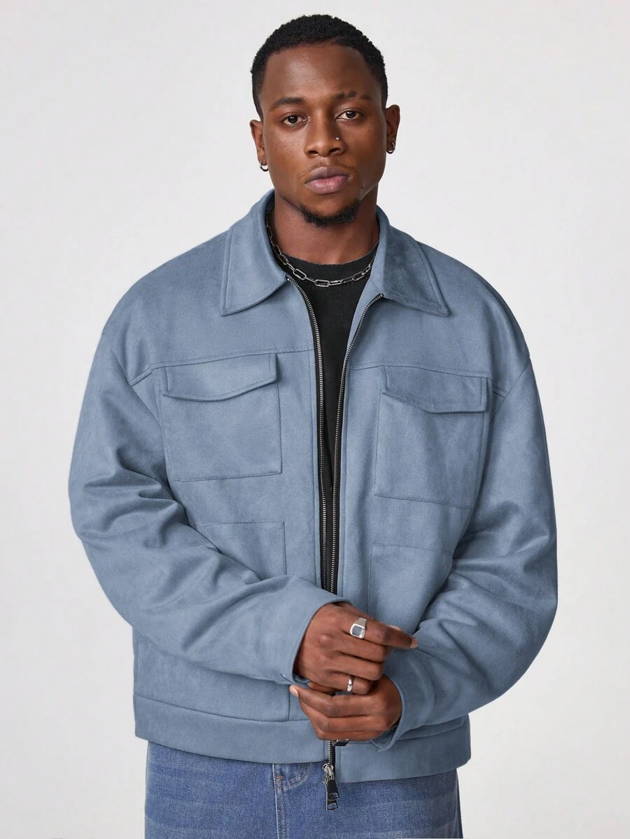 Manfinity VCAY Men's Front Zipper Pocket Casual Jacket With Collar, For Fall Winter - Blue - View 1