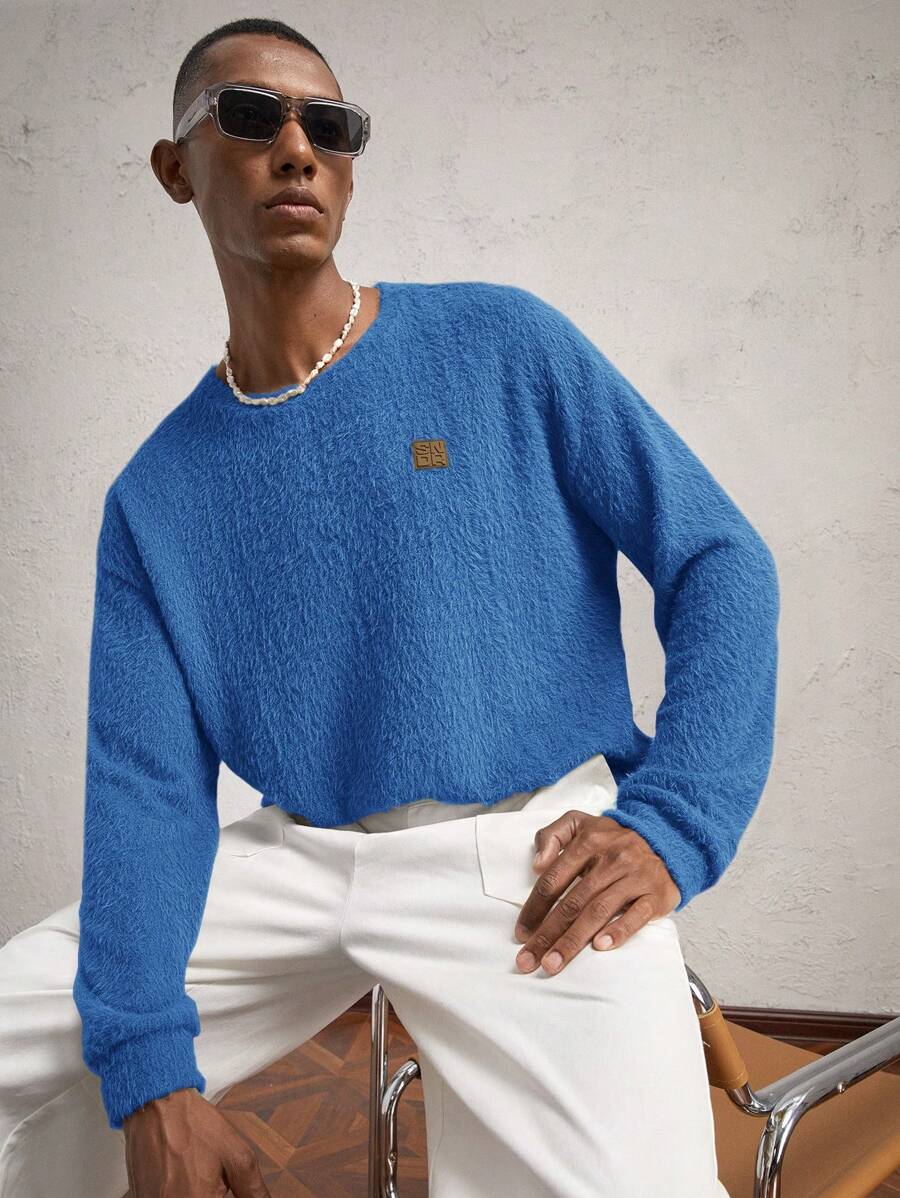 AKNOTIC Business Casual Tricou casual pentru bărbați, tricotat, cu umăr lung, cu mânecă lungă, cu gât turnu, potrivit pentru toamnă/iarnă, ținută zilnică, țesătură fleece cu litere grafice, culoare contrastantă - Albastru - Vizualizare 1