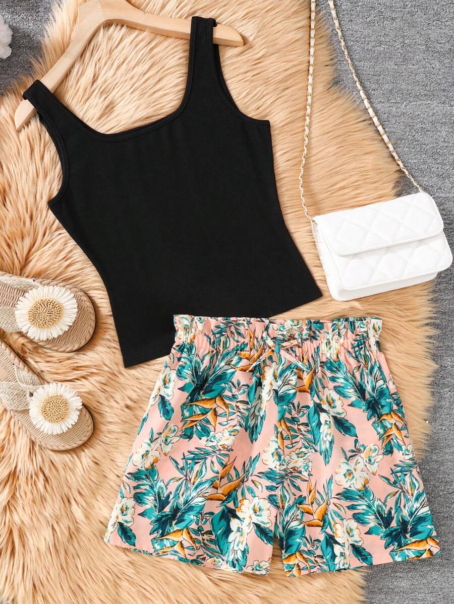 SHEIN Leap Crew 2 chiếc/Bộ cho bé gái tuổi teen thường ngày đi nghỉ mát hàng ngày Áo ba lỗ sọc đen và quần short lưng thun in họa tiết lá hoa, trang phục đi biển, kỳ nghỉ, ngày lễ, bãi biển, trang phục đi biển cho bé gái/trang phục đi biển - Nhiều màu - Xem 1