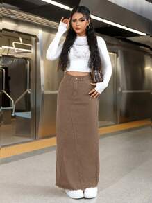 SHEIN EZwear Women's Front Button Pocket Denim A-Line Skirt, Casual Everyday