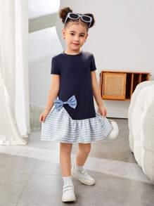 SHEIN Leap Crew 年轻女孩休闲学院风圆领长袖拼布连衣裙 - 黑色 - 查看 3