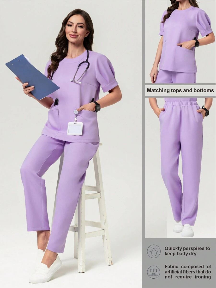 Scrubzie 抗皱短袖泡泡袖圆领多口袋上衣和裤子女士/护理服套装