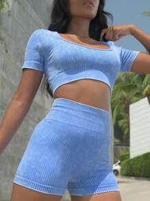 女士短袖休闲短款上衣和短裤运动套装健身女士套装女士健身套装 - 彩色 - 查看 4