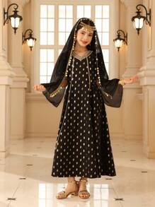 青少年女孩优雅派对金箔印花长裙配披肩 - 黑色 - 查看 2