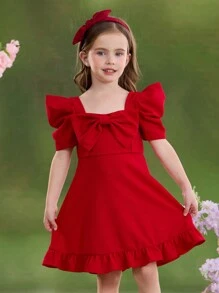 Emery Rose Kids Emery Rose Kids Đầm dệt kim tay lỡ cổ vuông bèo nhún nơ màu đỏ cho bé gái, thích hợp cho ngày lễ tình nhân, đám cưới, lễ hội - Đỏ - Xem 7