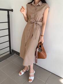 DAZY 无袖 A 字形系腰长裙，条纹领口太阳裙衬衫裙 - 棕色 - 查看 3