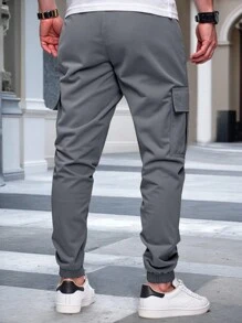 Manfinity Homme Pantaloni cargo casual slim fit pentru bărbați, cu cordon, în culori solide, cu mai multe buzunare, pentru întoarcerea la școală