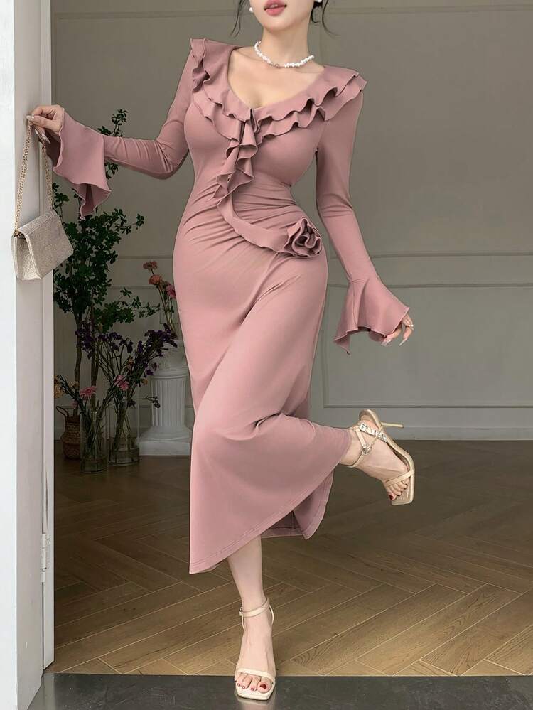1pc Solid Color Ruffle Asymmetric Hem Flare Sleeve Mid-Length Dress For Women,Fall Dress Long Sleeve Dress