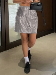 DAZY Solid Color Sequin Mini Straight Skirt, Women Party/Spring/Summer Skirt Prom Skirt New Years Women Carnival School - Silver - View 7