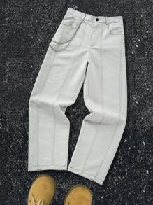 Manfinity EMRG 男士纯色前扣口袋休闲长裤，日常穿着 - 淺灰色 - 查看 1