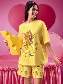 TOM & JERRY X SHEIN Women Yellow Cheese Jerry Cartoon Print Pajama Short Sleeves Set Women Sleepwear Christmas Pajamas Valentine's Day Funny T Shirt Spring&Summer 2 Pieces Sets Ladies