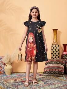 Tween Girl Casual Doll & Sky Theme Print Lantern Dress - Black - View 3
