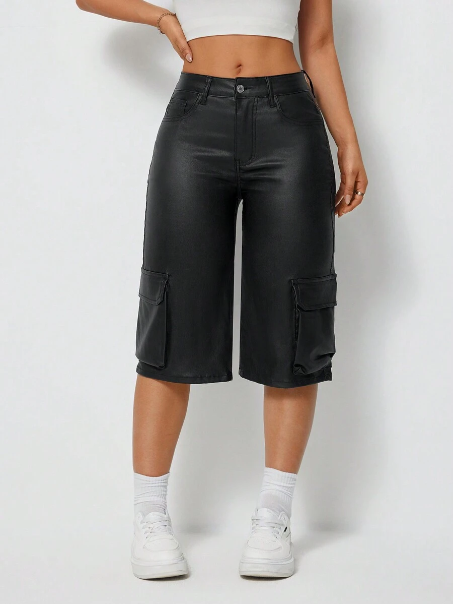 SHEIN ChicEase Modische grafische Einkaufstasche, beschichtete 7/8 gerade Damenhose