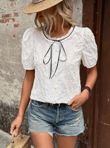 SHEIN LUNE Women's Bowknot Puff Sleeve Lace Jacquard Tied Casual Office Blouse Shirt - White - View 1