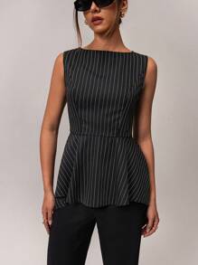 Forever 21 Women Casual Everyday Commute Sleeveless Ruffle Hem Striped Blouse, Spring