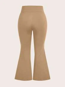 SHEIN PETITE CURVE Plus Petite Women's High-Waisted Cross Design Flared Leggings Suitable - Khaki - View 2